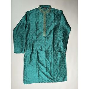 SOJANYA Men's Green Jacquard Silk Blend Kurta Tunic, Size L 40, Gold Trim